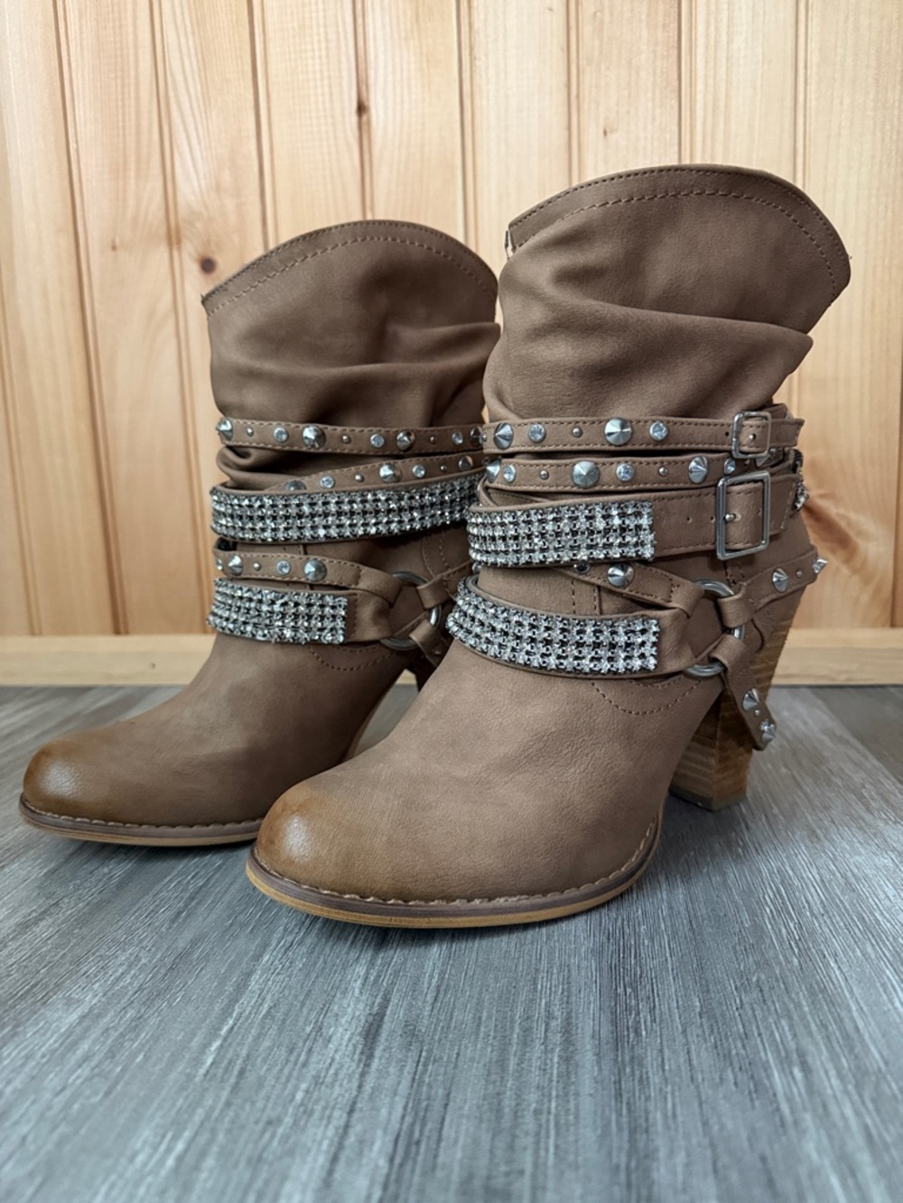 Not Rated Brown Studded Slouch Ankle Boots with Rhinestone Straps